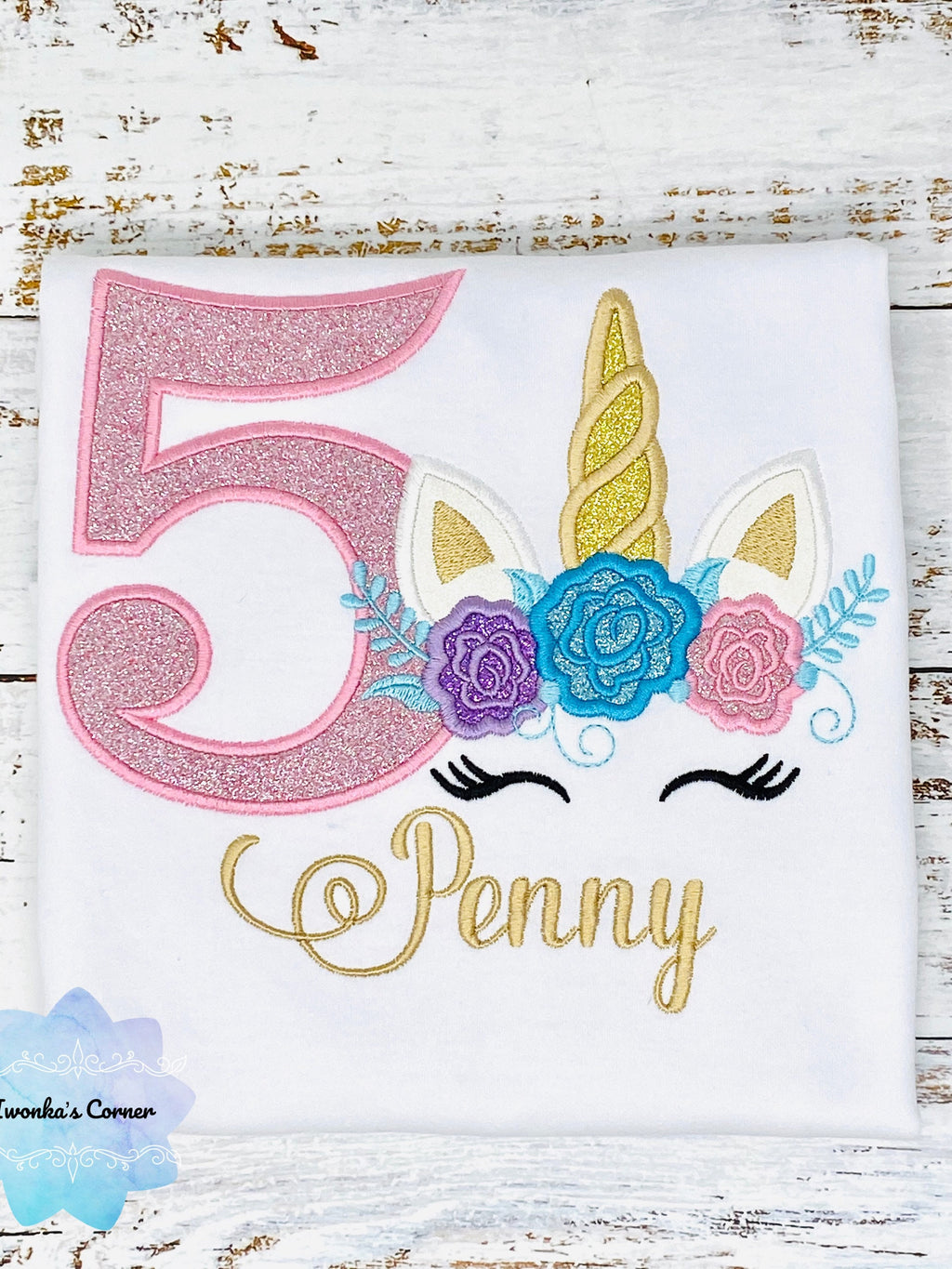 Embroidery shirt with glitter unicorn, Girls birthday shirt with unicorn, Uni bday shirt