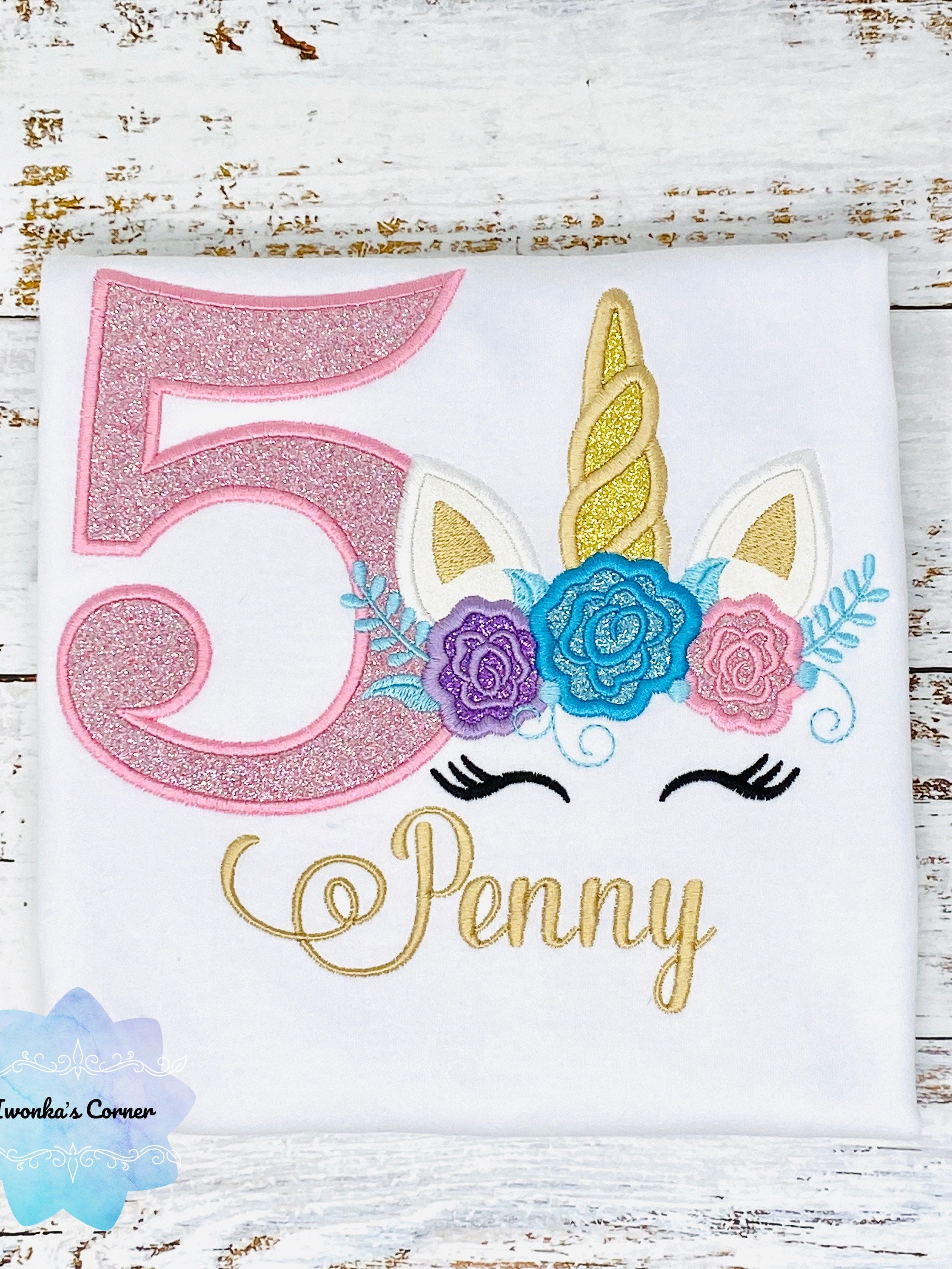 Embroidery shirt with glitter unicorn, Girls birthday shirt with unicorn, Uni bday shirt