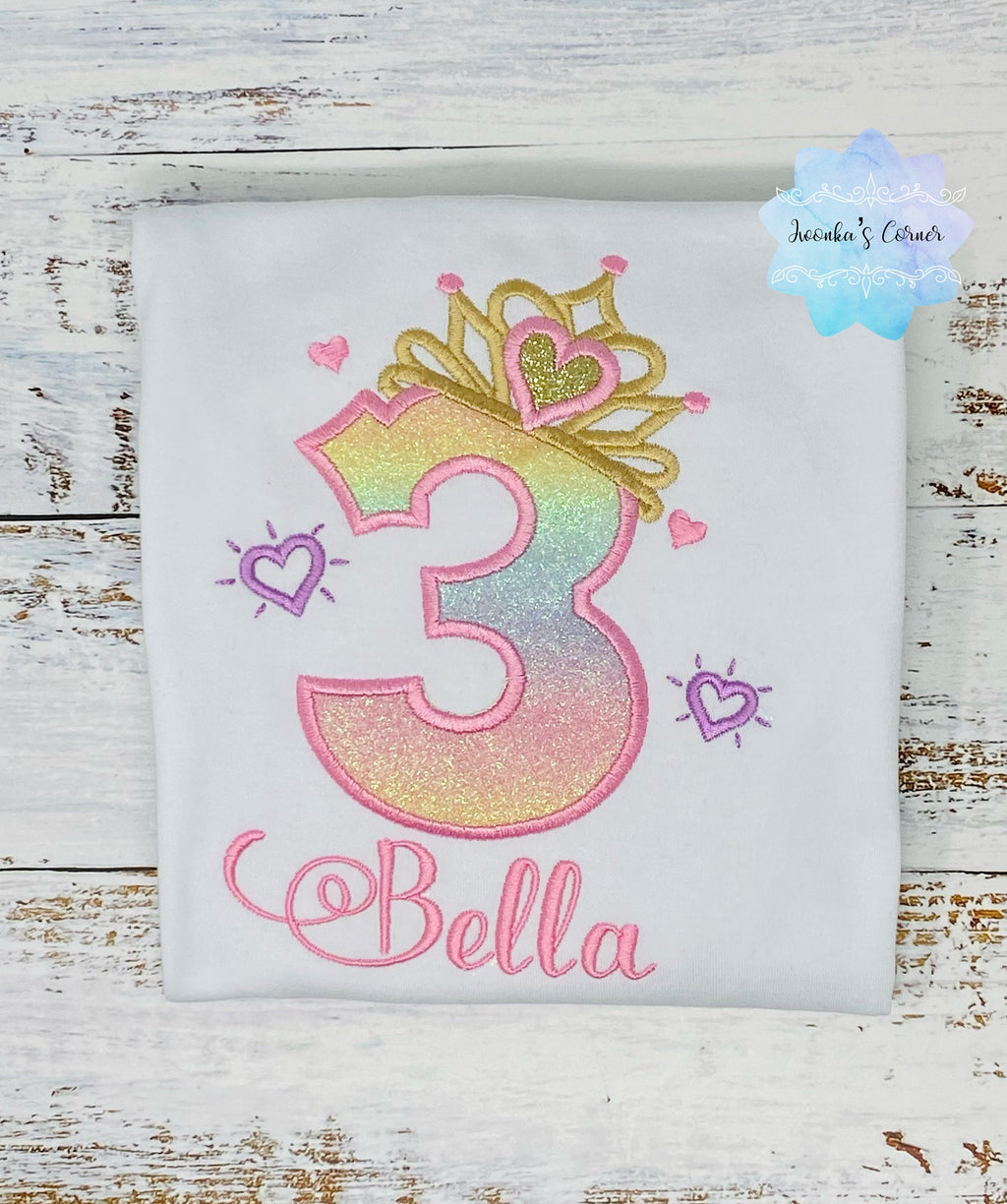 Girl shirt with princess tiara number, Rainbow Ombre Pastel birthday shirt, Third birthday outfit,