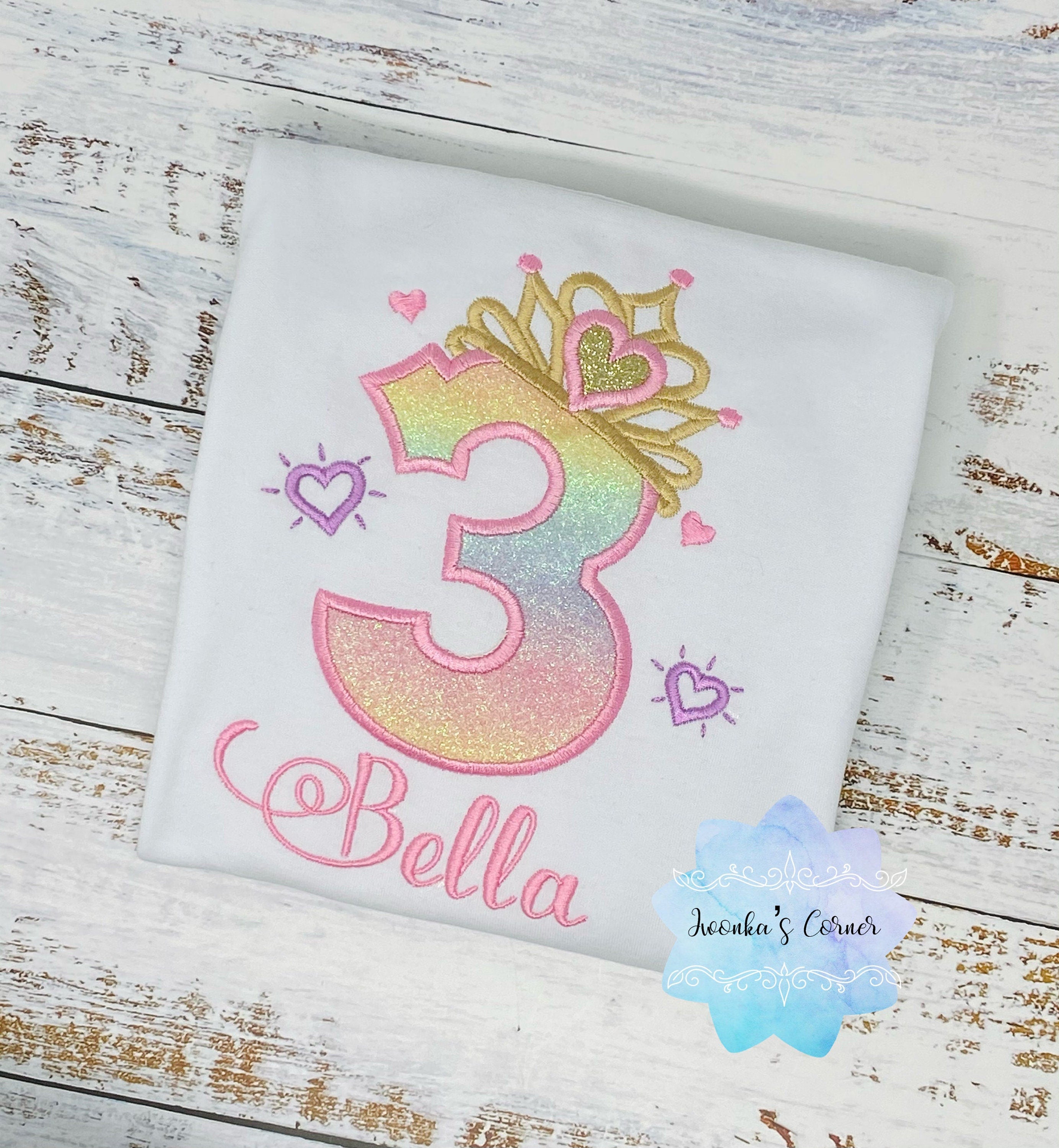 Girl shirt with princess tiara number, Rainbow, ombre birthday shirt, Third birthday cute toddler outfit,