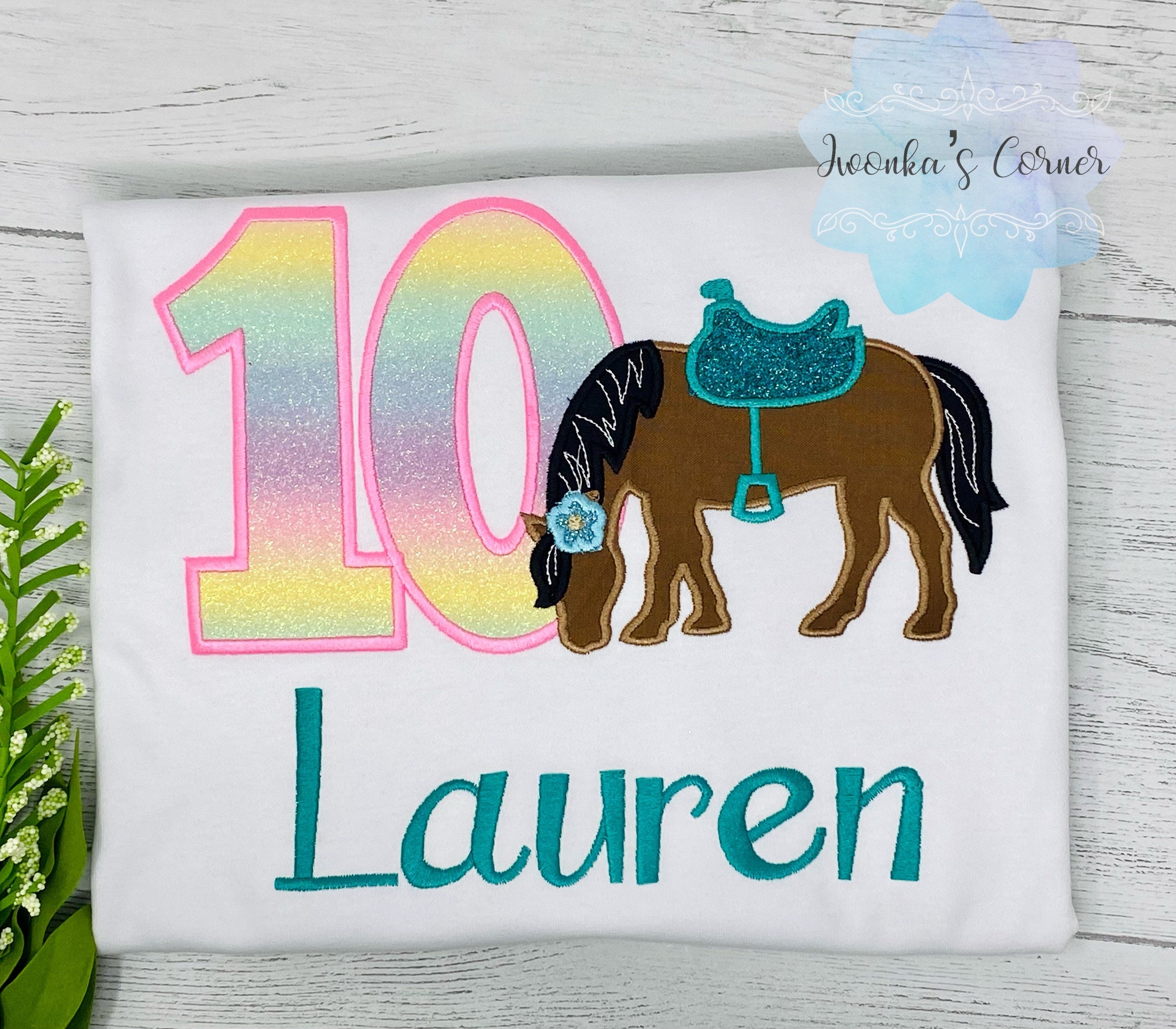 Girl 10th Birthday Shirt With Bay Brown Horse, Birthday Shirt with Horse and Saddle, 4th, 6th 7th Horse Birthday Shirt, Embroidered Horse
