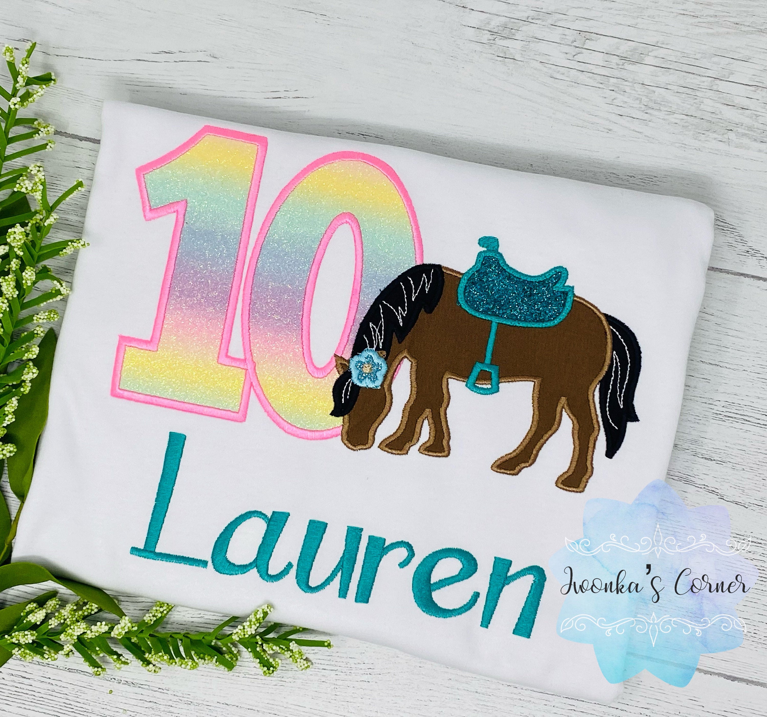 Girl 6th Birthday Shirt With Bay Brown Horse, Birthday Shirt with Horse and Saddle, 4th, 5th, 7th 8tHorse Birthday Shirt, Embroidered Horse