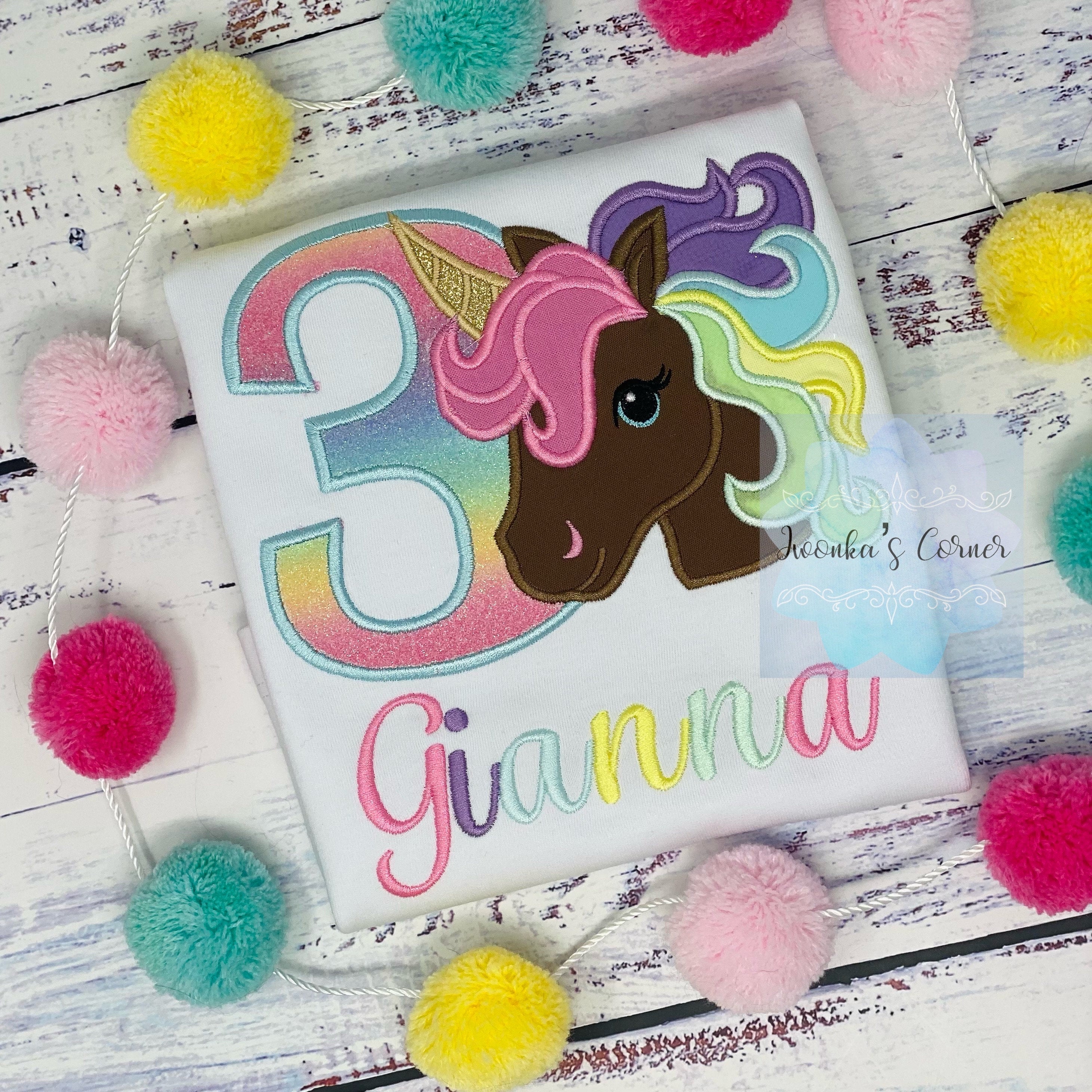 4th Birthday Pastel Unicorn Shirt, Girl Rainbow Pastel Unicorn Birthday, Gold Horn Unicorn , Rainbow Unicorn, Brown uni embroidery