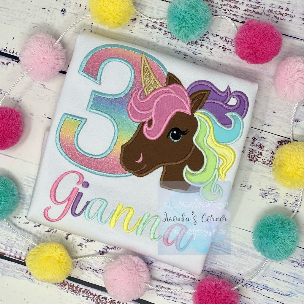 3rd Birthday Pastel Unicorn Shirt, Girl Rainbow Pastel Unicorn Birthday, Gold Horn Unicorn , Rainbow Unicorn, Brown uni embroidery