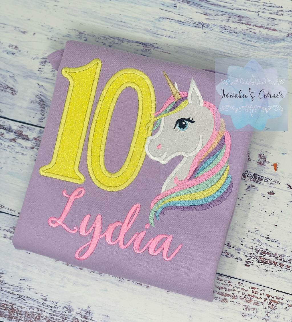 10th Birthday Pastel Unicorn Shirt, Girl Rainbow Pastel Unicorn Birthday, Gold Horn Unicorn birthday, Rainbow Unicorn, Unicorn embroidery