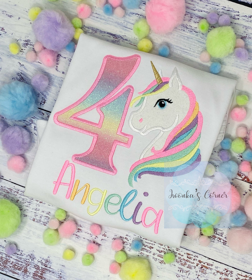 Girl 4th Birthday Pastel Unicorn and number Shirt, SHIPS NEXT DAY, Girl Rainbow Pastel Unicorn Birthday, Unicorn embroidery, Any age
