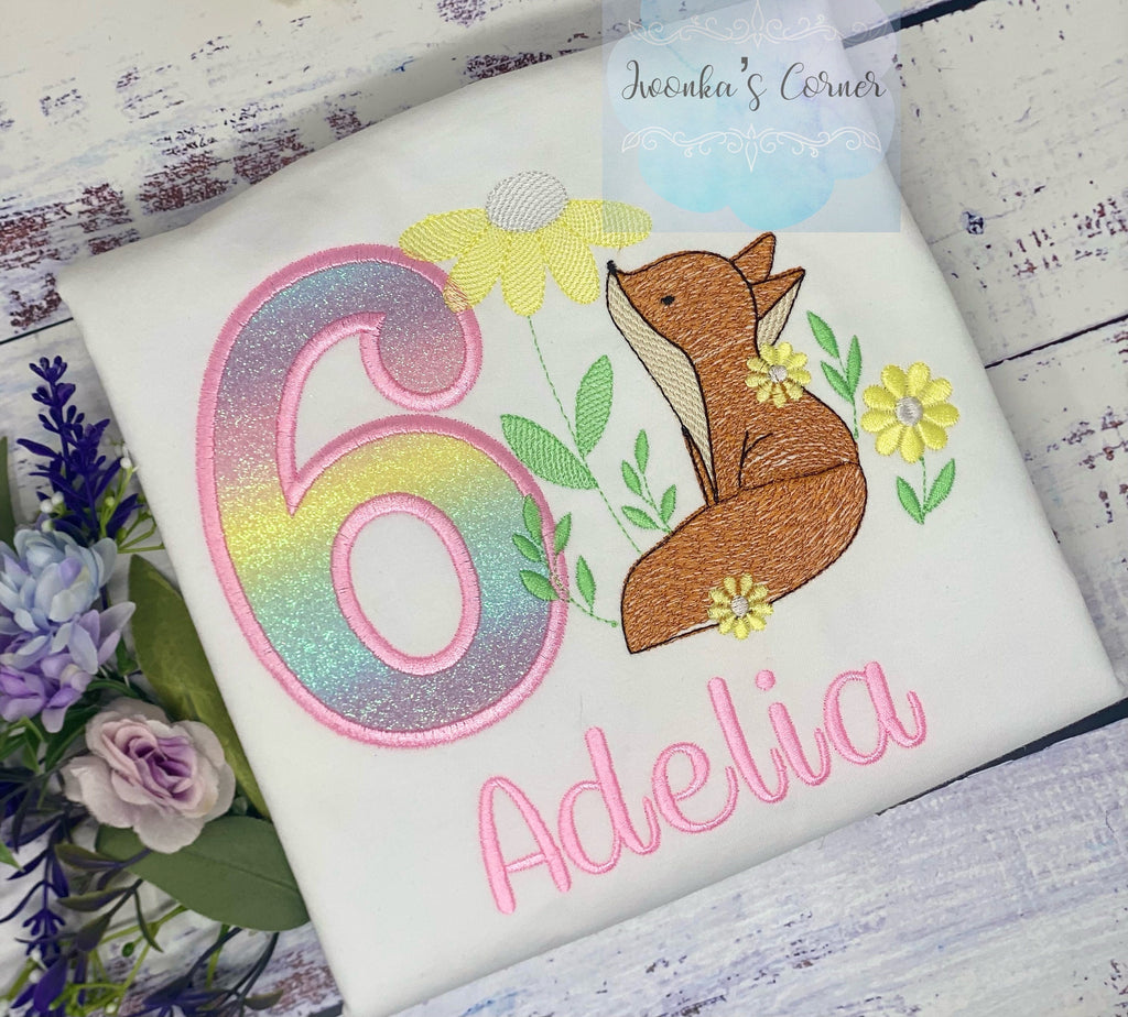 Girl embroidered shirt with fox, Fox birthday theme party, 6th birthday fox tee