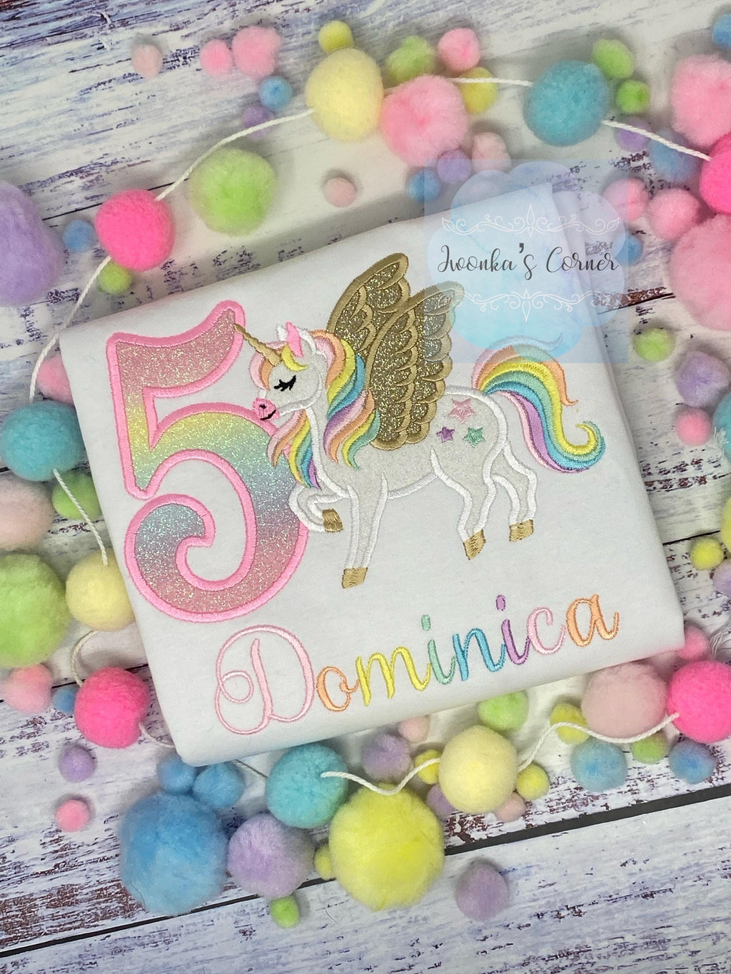 Girl 5th Birthday Pastel Unicorn with Wings, Girl Rainbow Unicorn Birthday, Rainbow Gold wings Uni tee, Unicorn embroidery, Any age