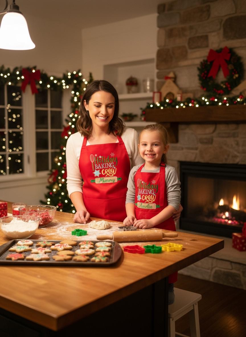 Christmas Personalized Kids and Adult Aprons, Embroidered Apron, Holiday Gift, Baking Crew Apron, Mommy and Me Christmas Gift