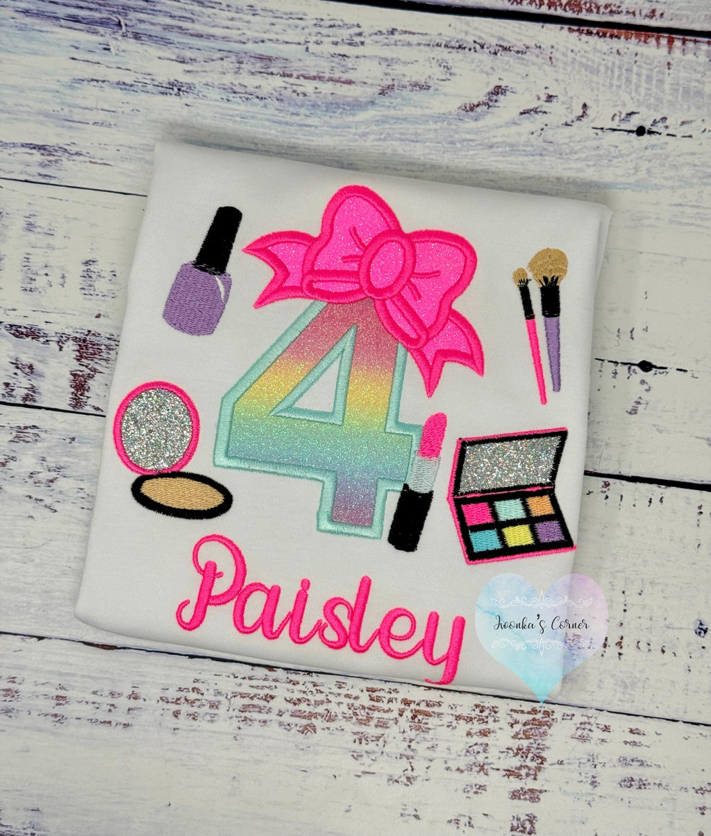 Girl 4th Birthday Shirt with Make up, Salon, Bow Number Shirt, Number cosmetics, Lipstick Powder Brush,Bright Hot Pink and Neon Make up