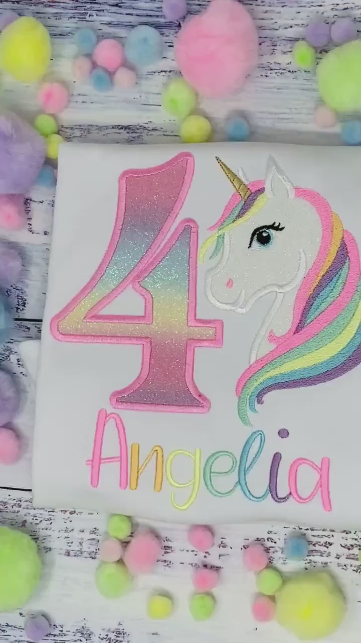 Girl 4th  Birthday Pastel Unicorn and number Shirt, Girl Rainbow Pastel Unicorn Birthday, Rainbow Uni outfit, Unicorn embroidery, Any age
